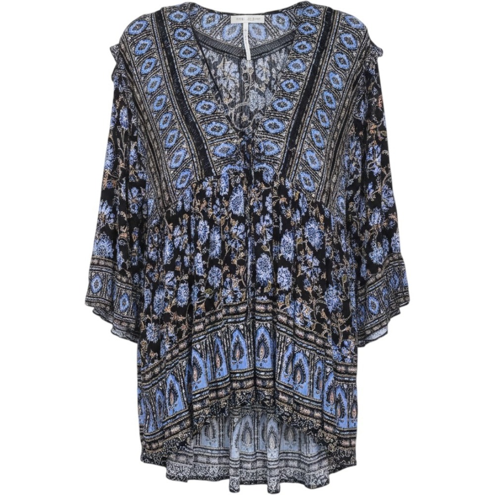 Free People Tunic Top Womens Medium Blue Excellent Boho Floral Tie Front Pockets